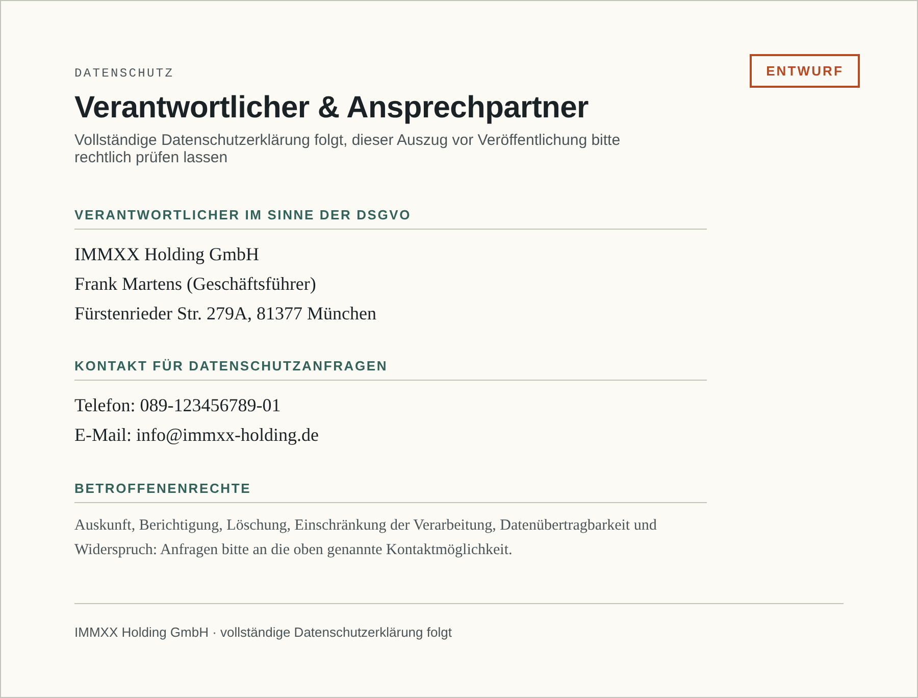 Datenschutz Verantwortlicher IMMXX Holding GmbH